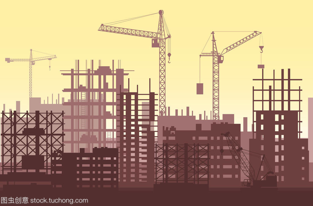 房屋建筑施工過程中。城市建筑工地起重機(jī)與摩天大樓